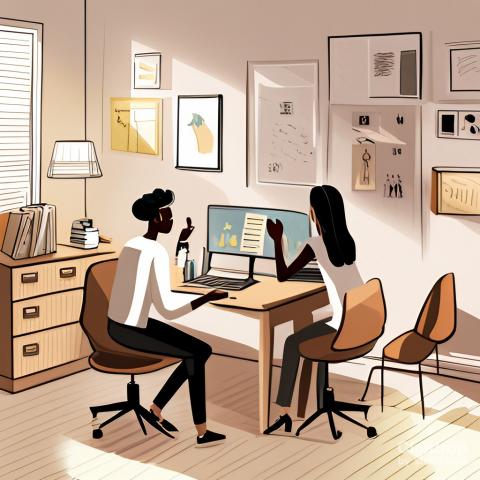 Illustration of two people watch a webinar in an office
